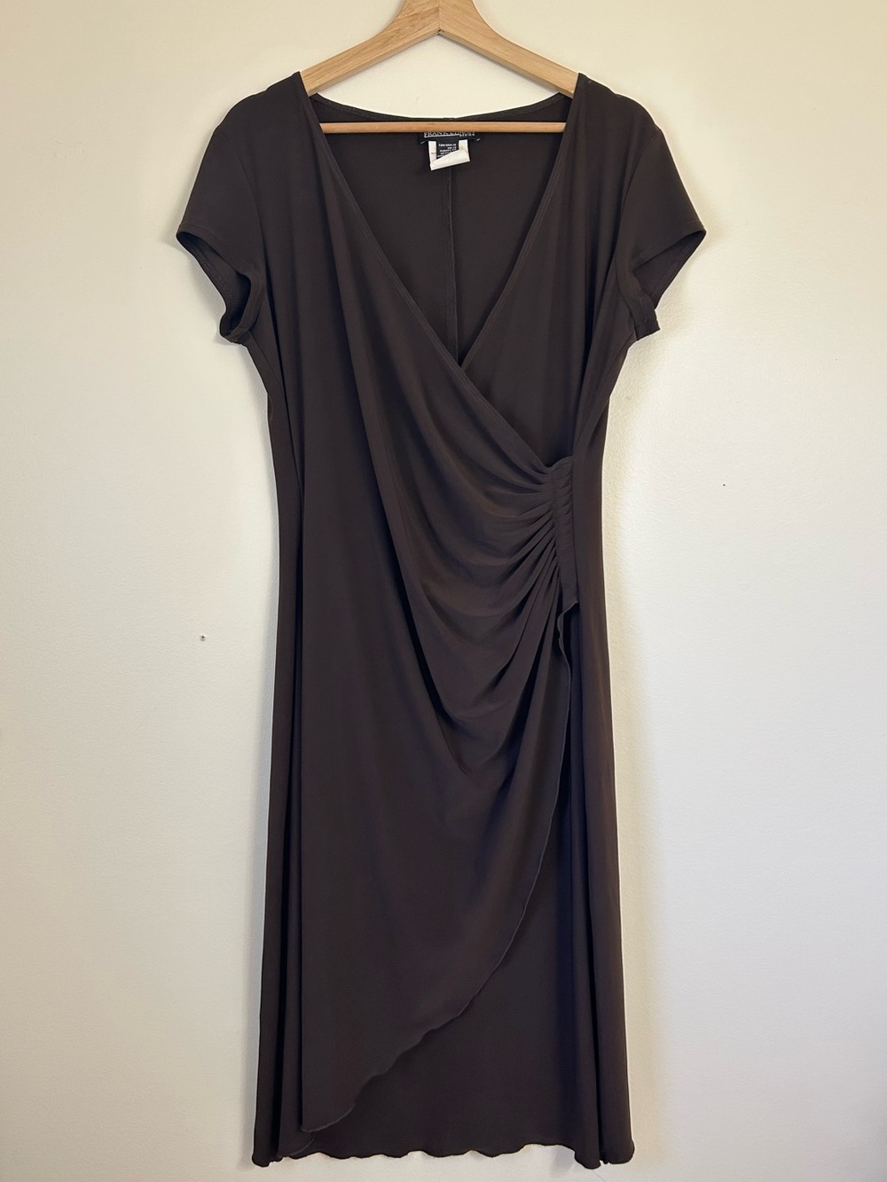 Frank Lyman Chocolate Brown Ruched Faux Wrap Midi Dress - Made in Canada | 12